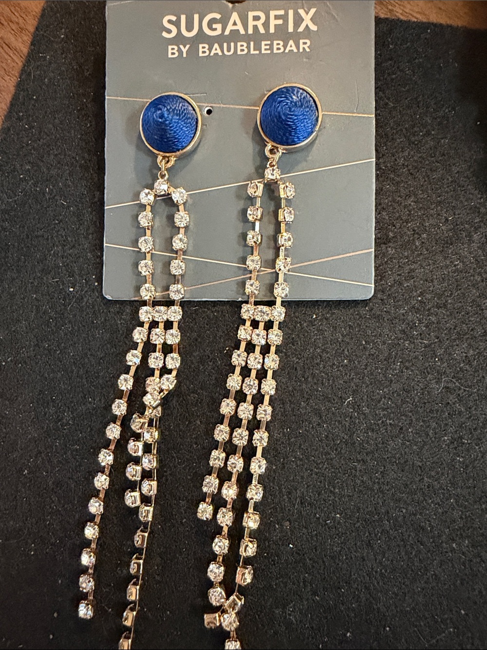 BaubleBar Sugarfix Blue and Gold Crystal Fringe Earrings
